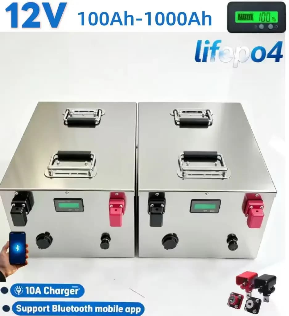 Batteria LiFePO4 da 12V, ideale per accumulo solare, camper, roulotte, campeggio, casa off-grid, inverter e sistemi di alimentazione esterni.