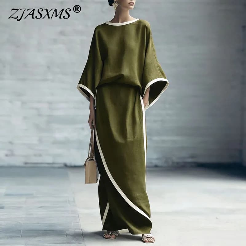 Eleganti Completi Casual con Dettagli a Contrasto per Donna, Top a Maniche 3/4 con Collo Tondo e Gonna Maxi Asimmetrica, Set Estivi Boho