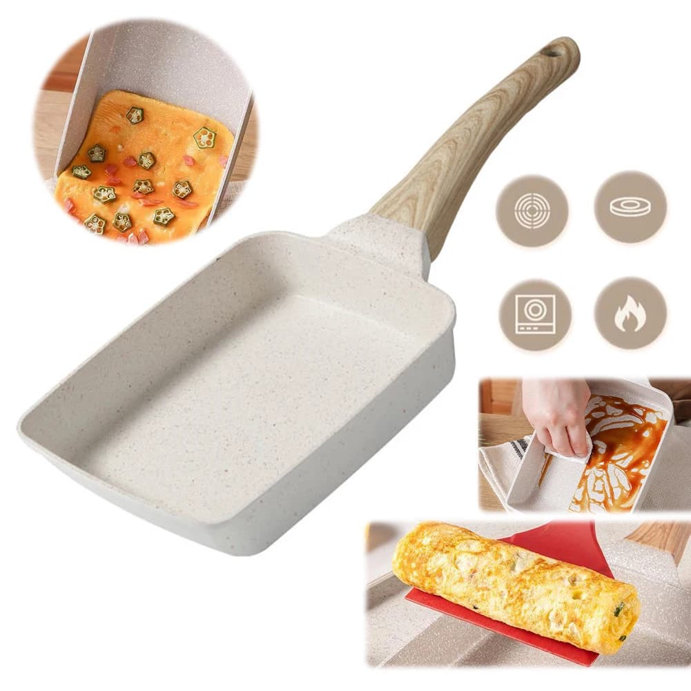 Padella Antiaderente per Tamagoyaki, Padella per Colazione, Padella per Omelette, Padella Rettangolare per Uova Arrotolate con Manico per Cucina e Fornelli a Gas