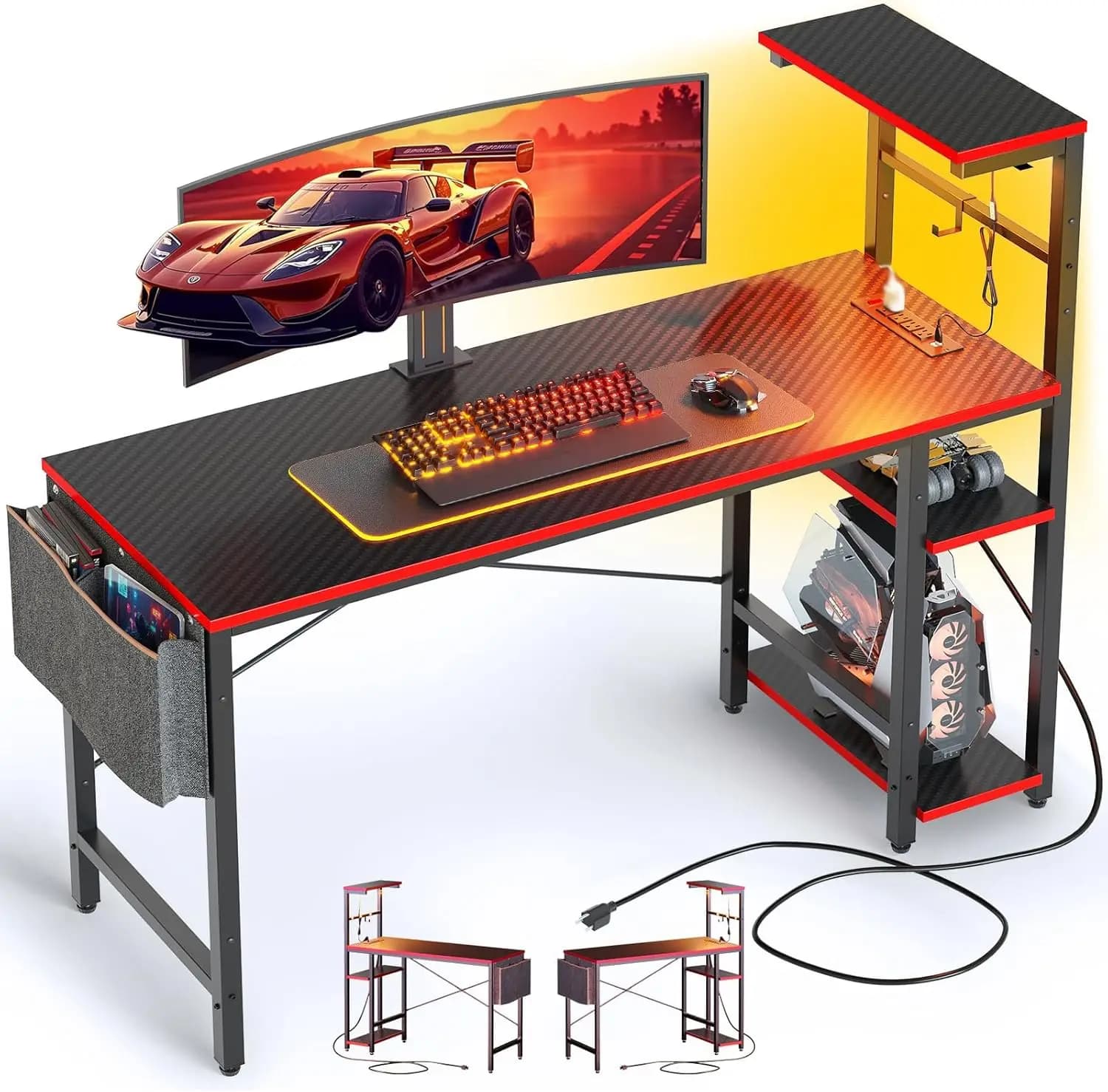 44 Inch LED Gaming Desk with Power Outlets, 4-Tier Reversible Shelves, PC Gaming Table with Headset Hook & Side Storage Bag for Bedroom, Black 3D Carbon Fiber
