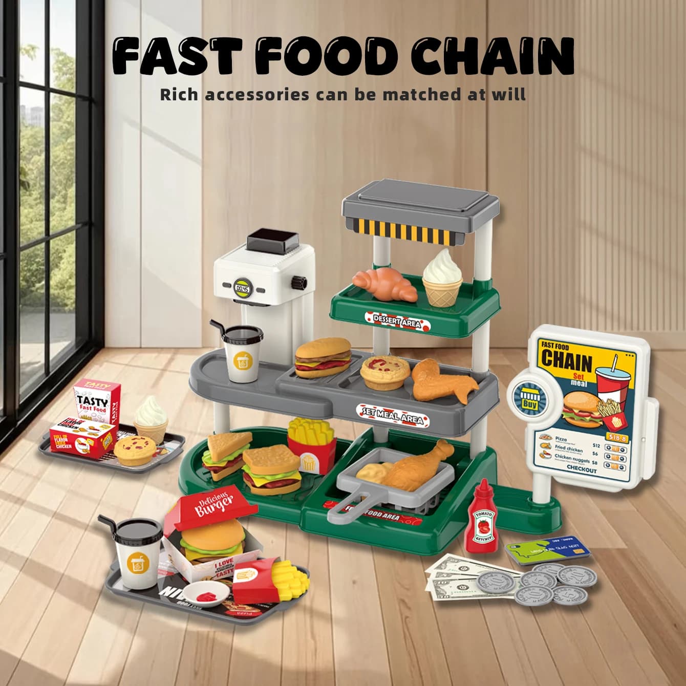 Casetta giocattolo per bambini con simulazione di fast food, dessert, macchina del caffè, suoni, luci e rubinetto dell'acqua.