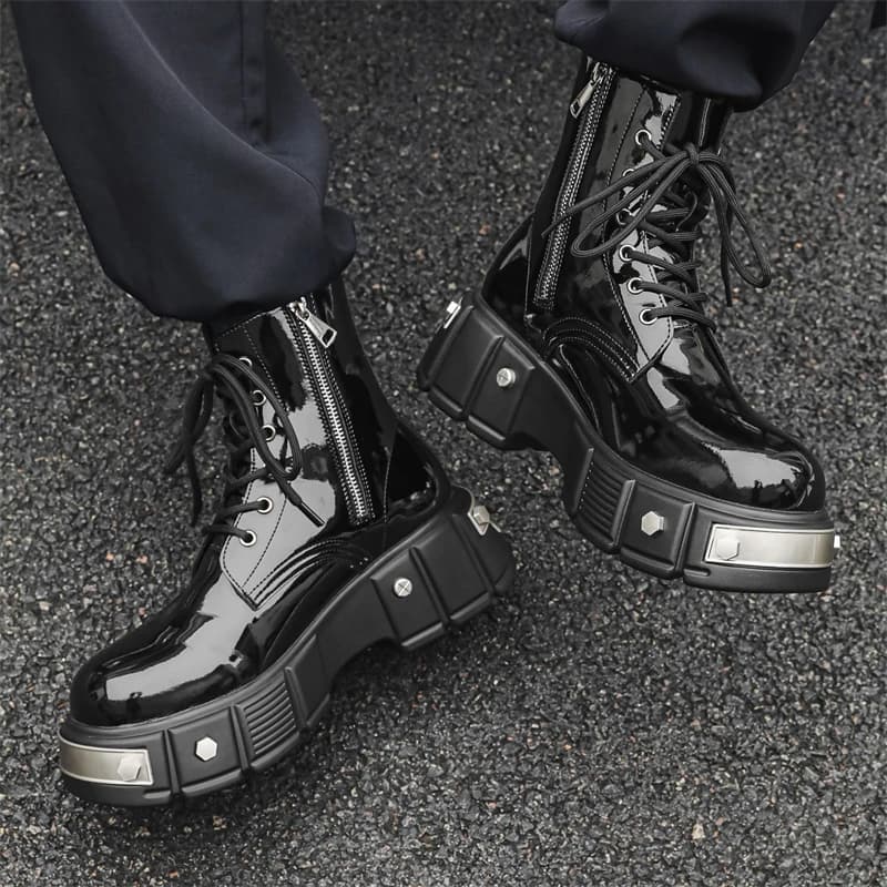 Stivali da Uomo Casual Punk Goth in Pelle Verniciata, Scarpe di Marca, Stivali da Cowboy con Plateau, Cool Stivali da Moto Lunghi, Botas Masculina