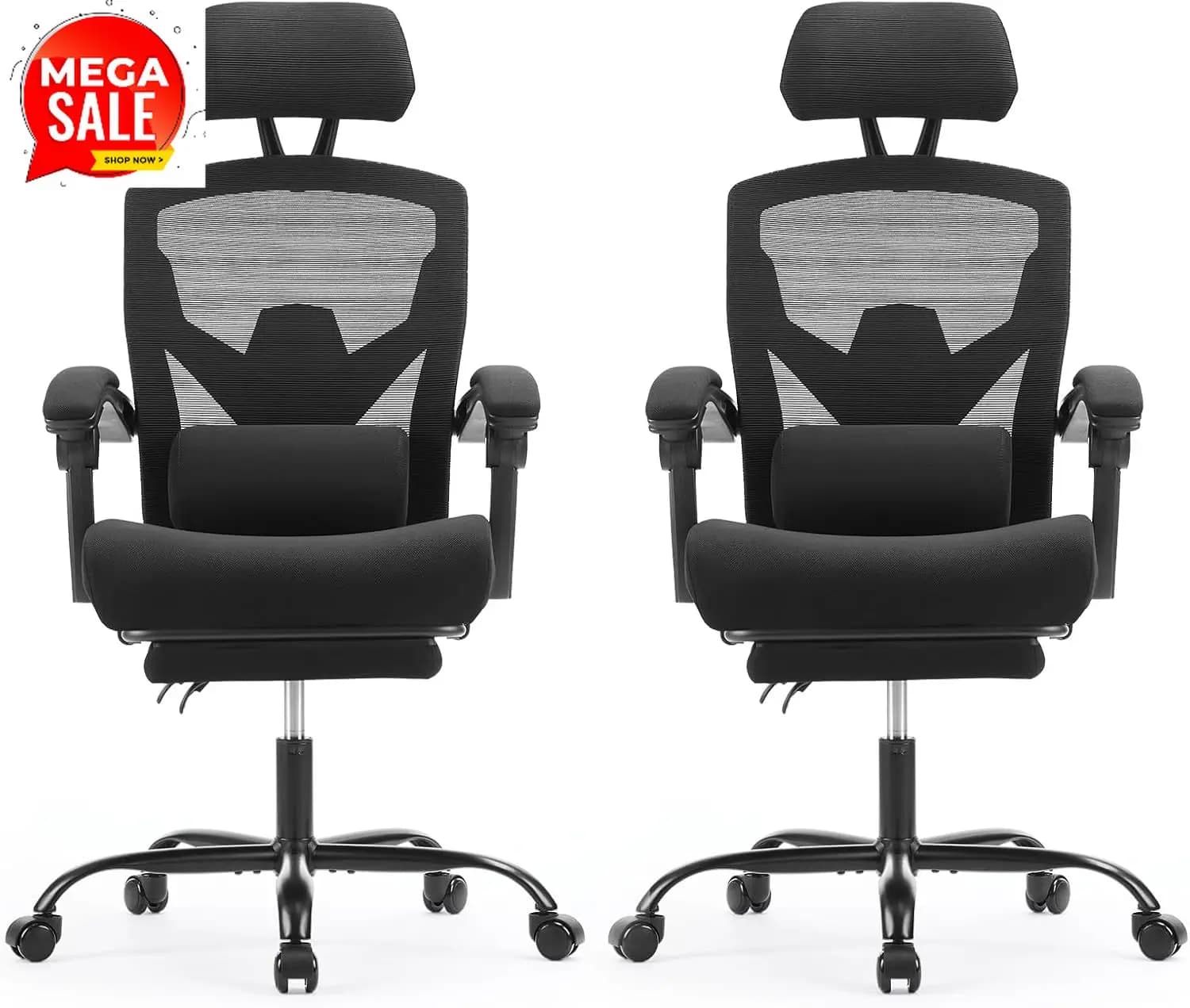 Set di 2 Sedie da Ufficio Ergonomiche con Schienale Alto in Rete, Sedie Girevoli con Ruote, Supporto Lombare Confortevole