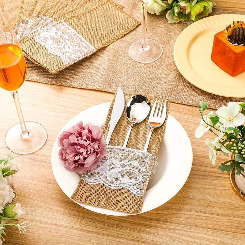 4-50 Pezzi Sacchetti Porta Utensili in Tela con Pizzo 4"x8" per Coltelli e Forchette, Tappetini per Cucina, Sala da Pranzo, Decorazioni Matrimonio