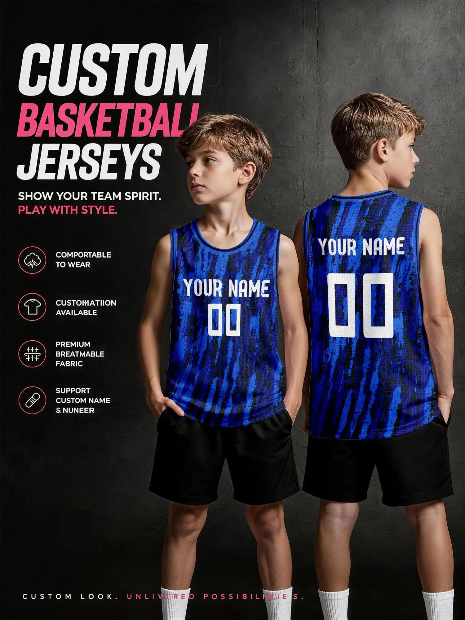 Royal‑blue Vertical Graffiti Custom Basketball Jersey for Adults & Kids, Breathable Mesh For Name‑Number Printing
