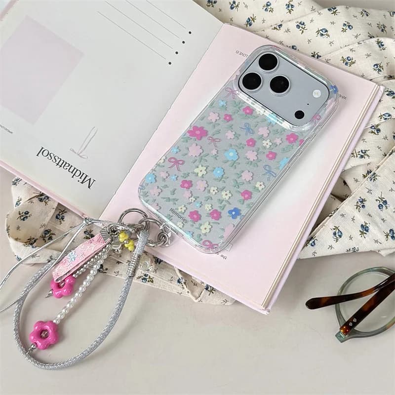 Coquette Aesthetic Ditsy Floral Phone Case For iPhone 16 Pro 15 Pro Max with Matching Flower Charm Strap Shockproof Cases 17 Pro