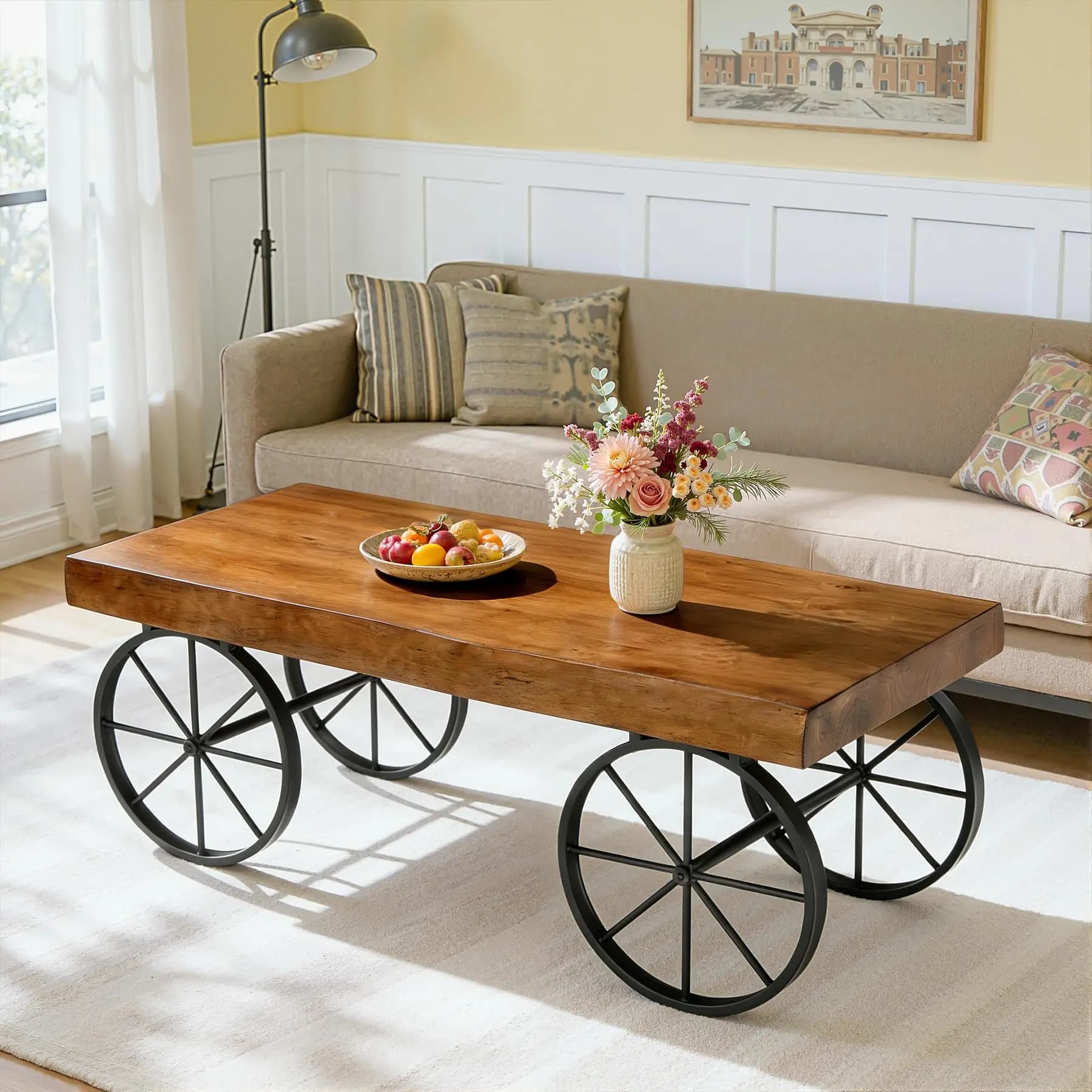 Solid Wood Coffee Table With Live Edge Top And Metal Wheel Legs Industrial Style Living Room Center Table