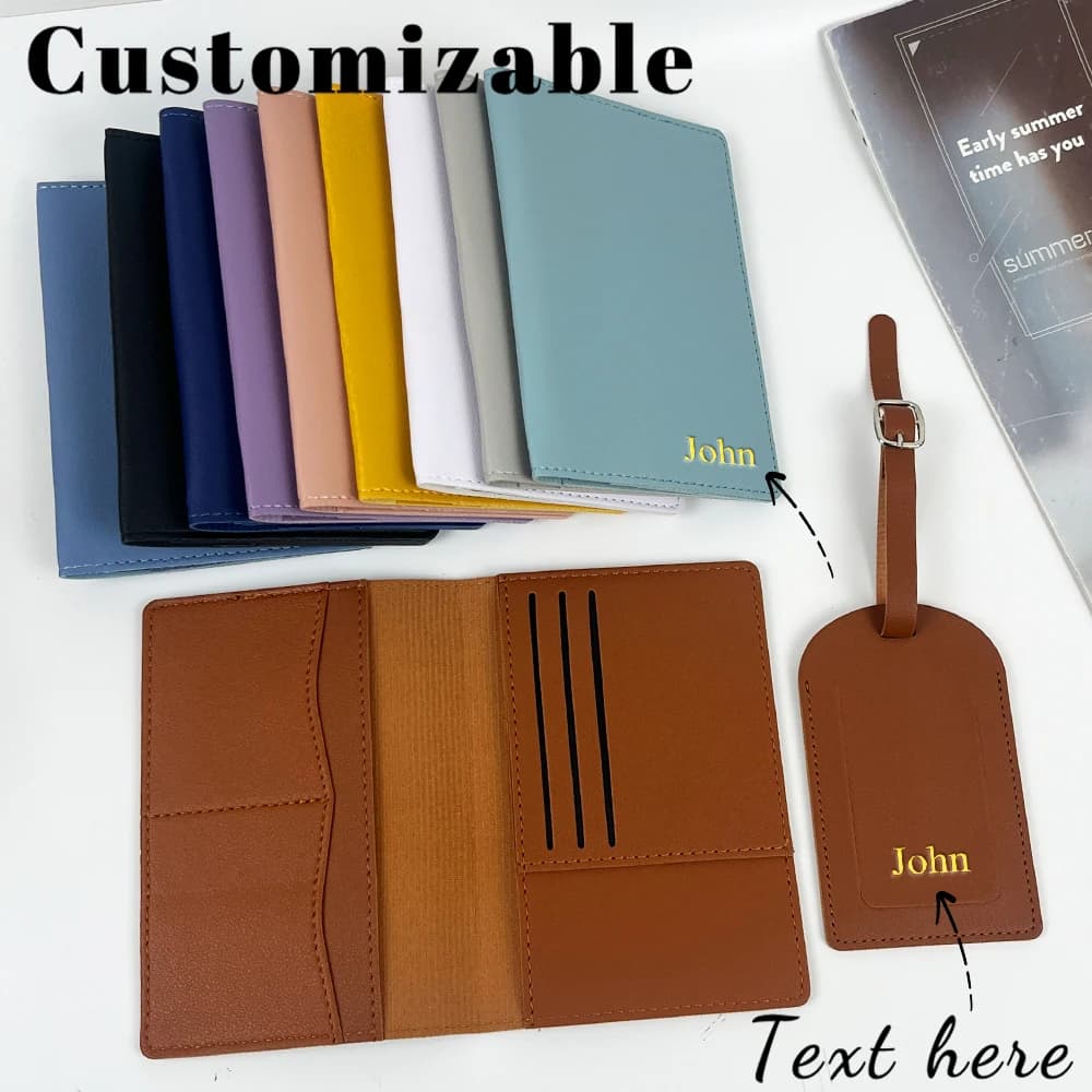 Set di etichette per bagagli e custodia per passaporto in pelle PU con nome personalizzato, con borsa porta passaporto in pelle multifunzionale e multiscomparto.