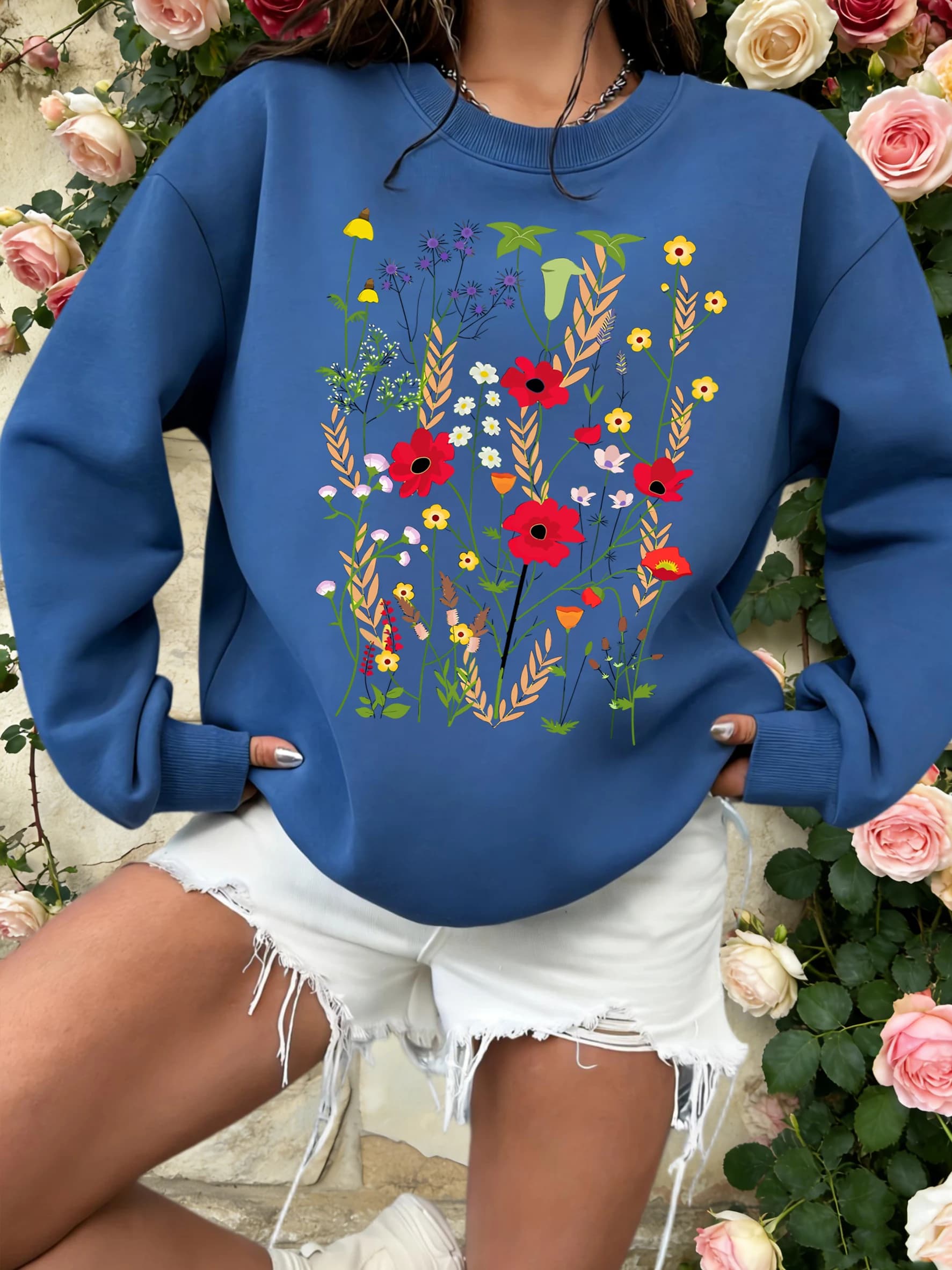 Women's sweatshirt with flower print of various colors, oversize crew neck pullover, fashionable sportswear, women's autumn clothing