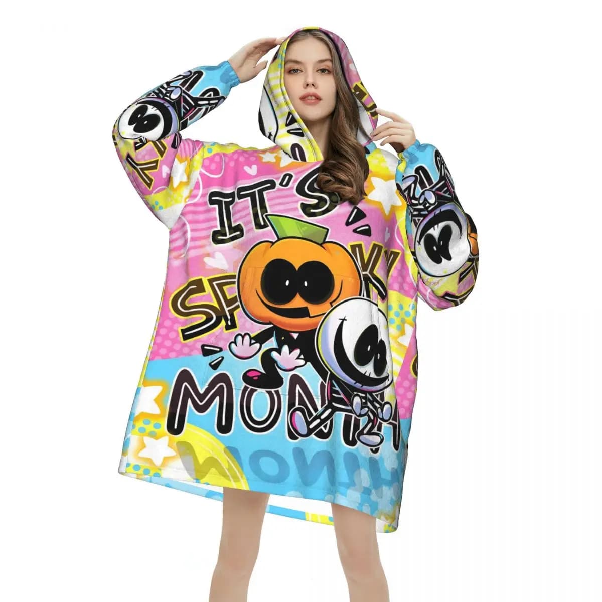 Spooky Month Blanket Hoodie Wearable Blanket Oversize with Pocket Warm Sleeping Bag Soft Cozy Onesie