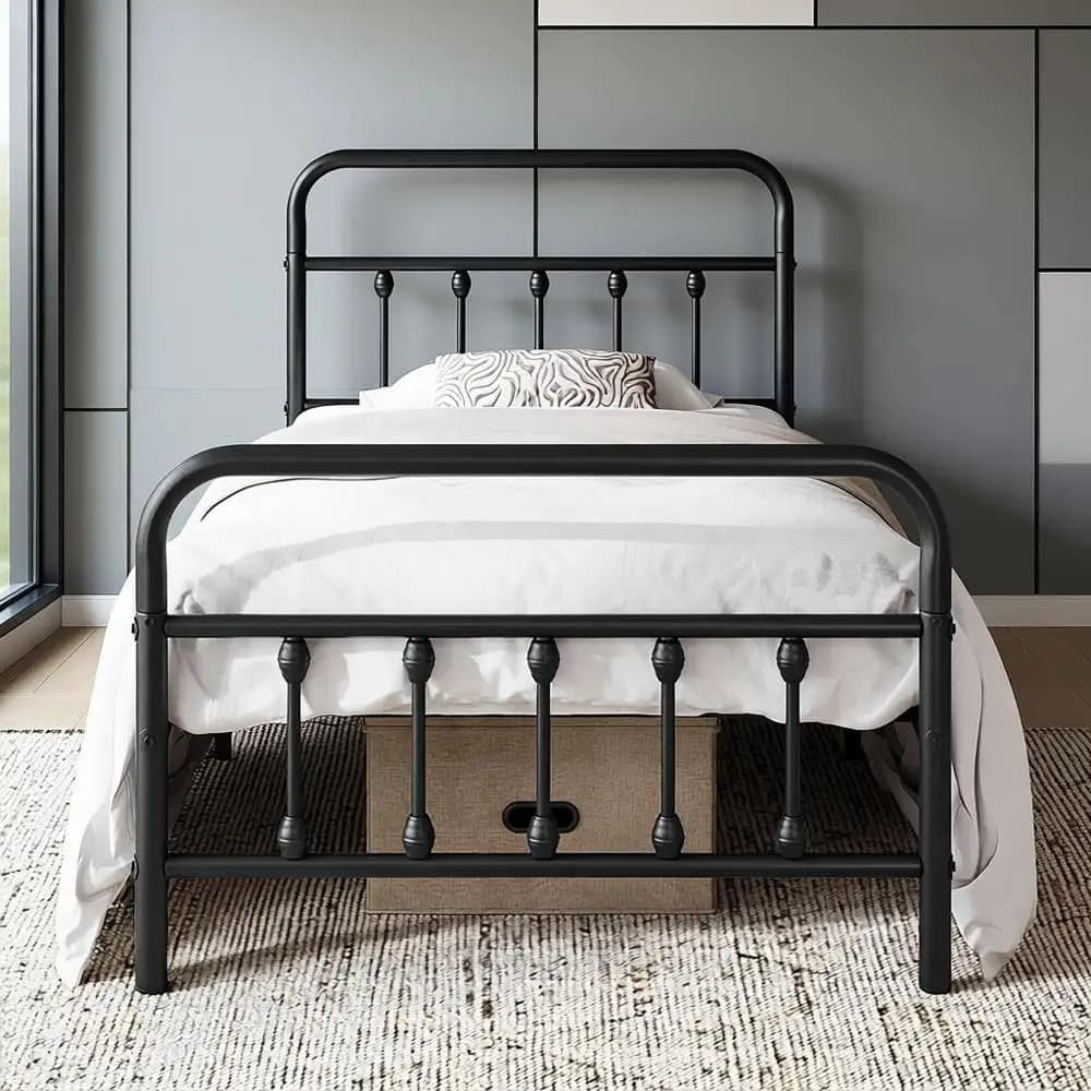 Elegant bed with wrought iron platform with container under the bed, does not require spring net, size Twin, black