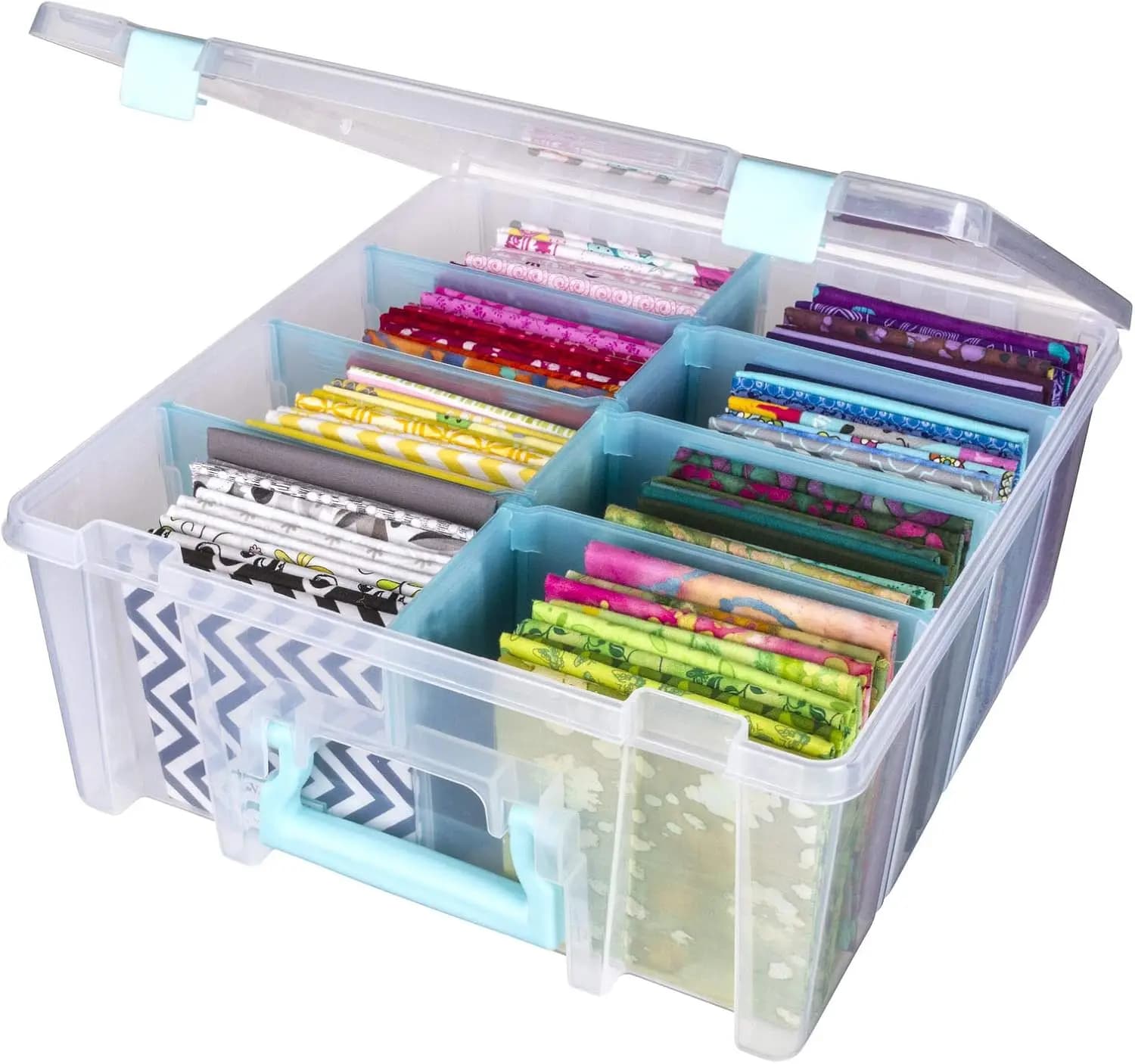 Super Satchel box with double deep compartment - Container for storing artistic objects with 8 removable compartments, intelligent locking (transparent and aquamarine - Pack of 1)