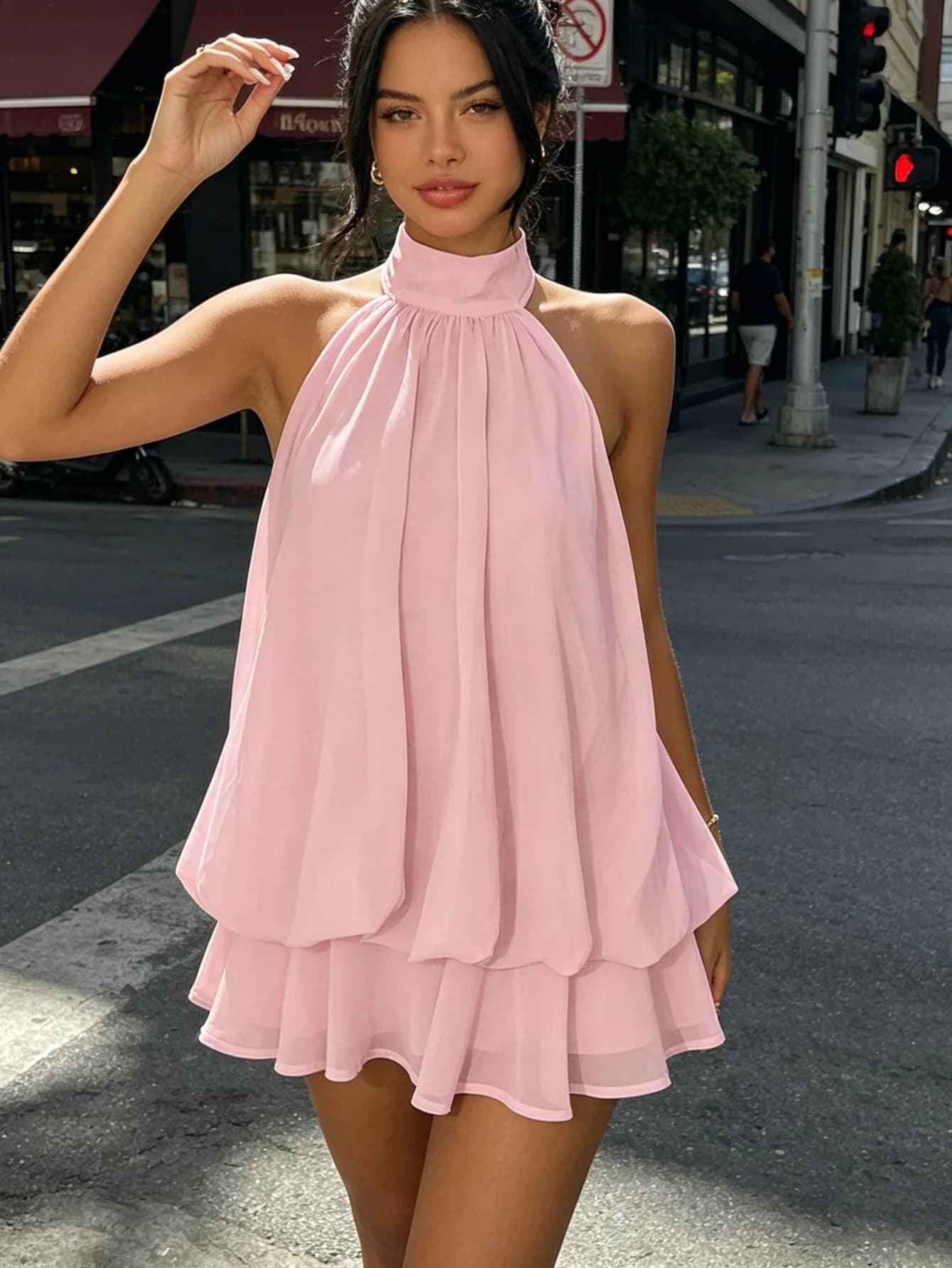 Nuovo Abito Estivo da Donna alla Moda con Scollo all'Americana, Vestito Corto Elegante con Cintura, Tinta Unita, Sexy, Senza Maniche