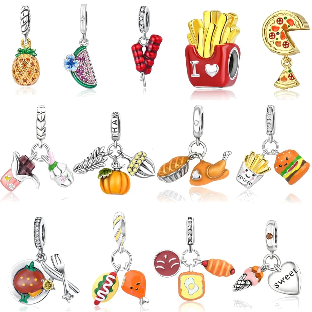 Silver Plated I Love French Fries Charm Red Enamel Fries Container Bead For Bracelet Fast Food Jewelry Gift