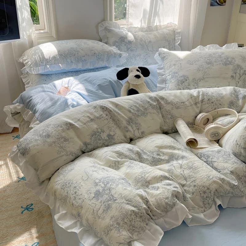 Set di Biancheria da Letto in Stile Coreano con Pizzo e Volant, Set Lenzuola per Letto Singolo, Matrimoniale e Queen Size, Set Copripiumino Morbido Stampato con Federe