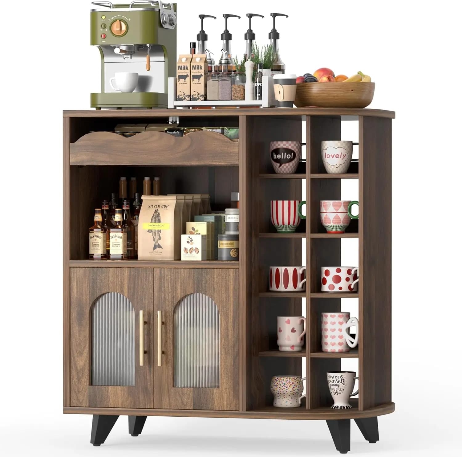 Coffee Bar Cabinet Wood Buffet Sideboard Kitchen Storage Organizer Large Station Wine Holder Mug Display Shelf Box Rack Tray Small Space Apartment Furniture Walnut