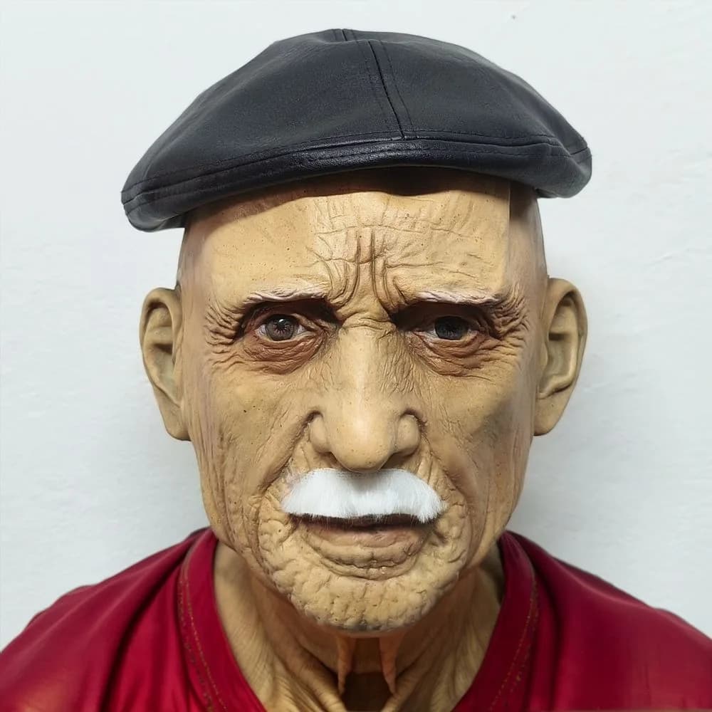 Maschera da uomo realistica per uomo anziano con cappello berretto Accessorio per costume di Halloween Maschera in gomma per cosplay per adulti alla moda con barba in pelle PU