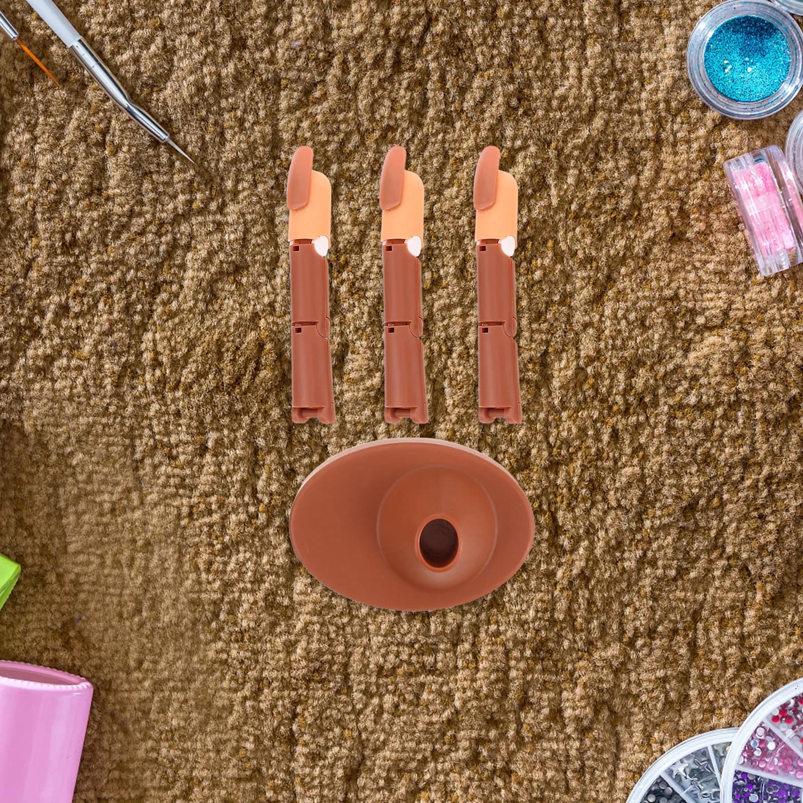 Realistic fake fingertips set for nail practice, brown leather tone, removable base, for beginners, nail art training, hand for practical manicure
