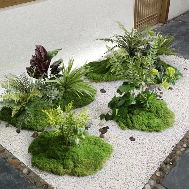 Micro-paesage of artificial green plants for interior with decoration of simulated moss plastic windows and combination of landscapes