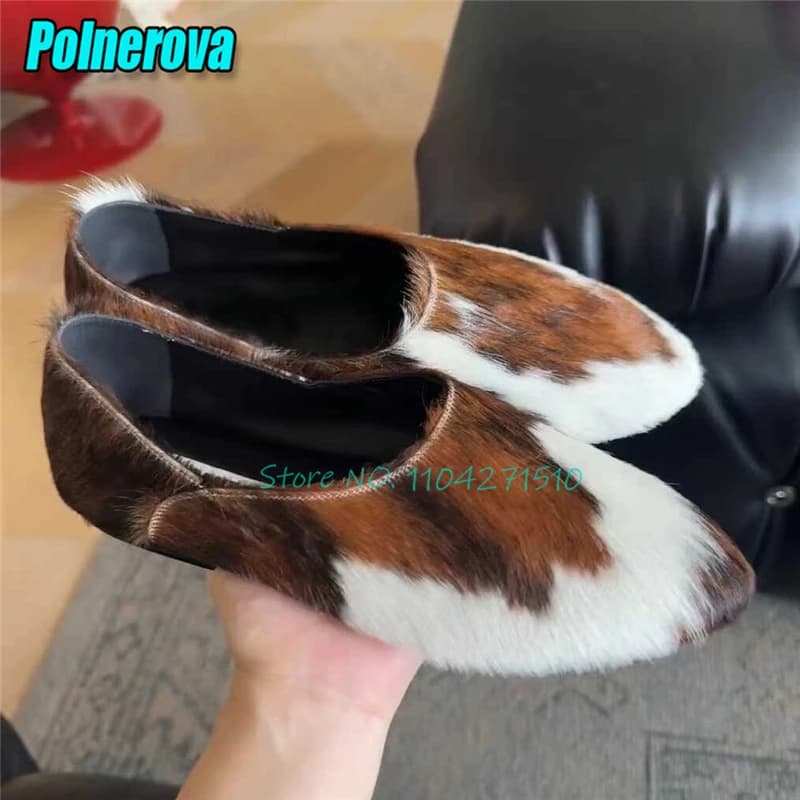 White Brown Mixed Colors Horsehair Casual Shoes for Women Retro Pointed Toe Slip-On Loafers Genuine Leather Soft Soled Flats