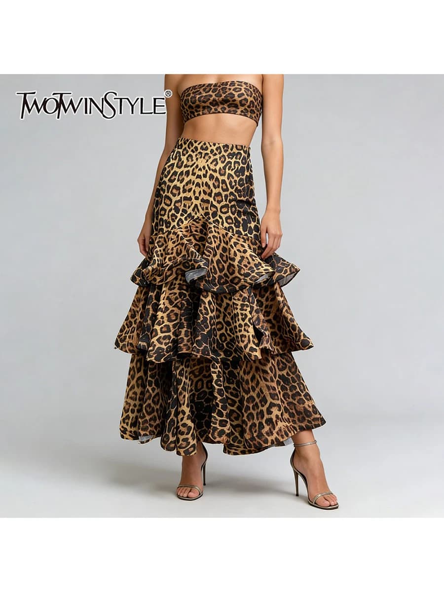 TWOTWINSTYLE Leopard Slimming Spliced Ruffles Fashion Skirts for Women High Waist Design Sense Long Skirt Female Autumn Clothing