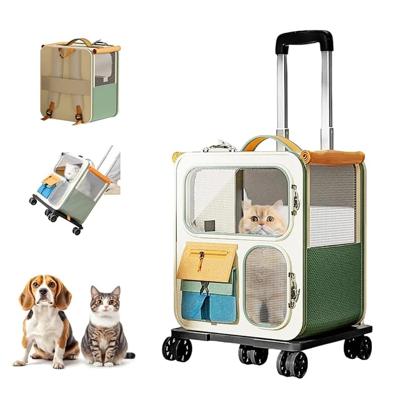 Portable Wheeled Pet Carrier Backpack Breathable Mesh Detachable Rolling Trolley Cat Dog Travel Bag for Outdoor Trip Vet