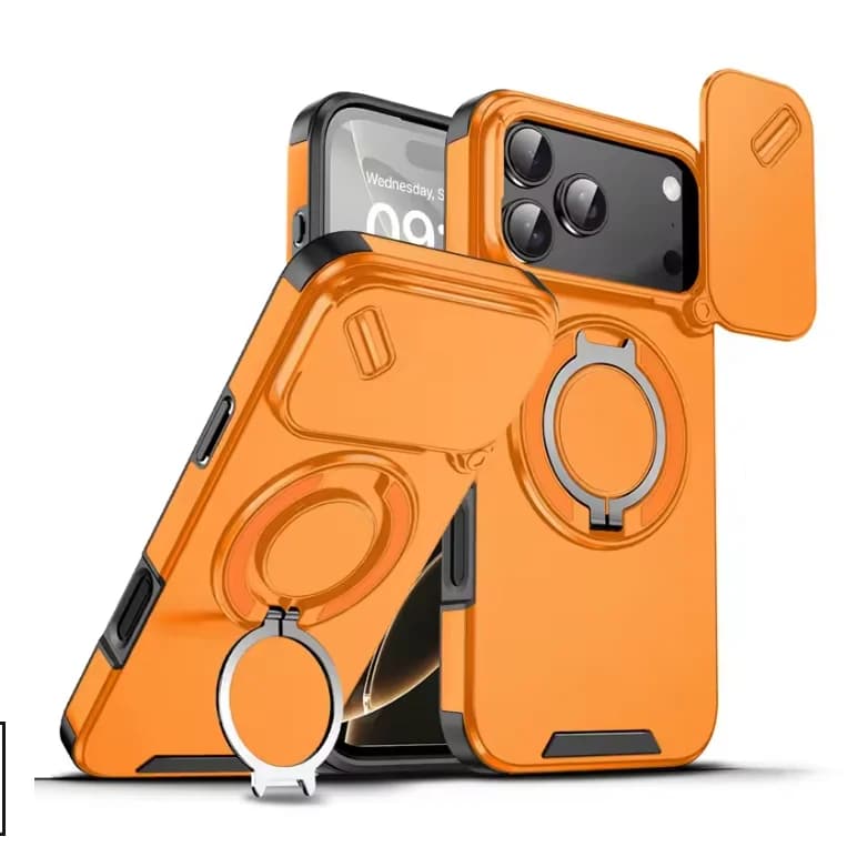 Armor Shockproof Magnetic Ring Stand Holder Phone Case For iphone 17 16 15 14 13 12Pro Max orange Camera flip Protection Cover