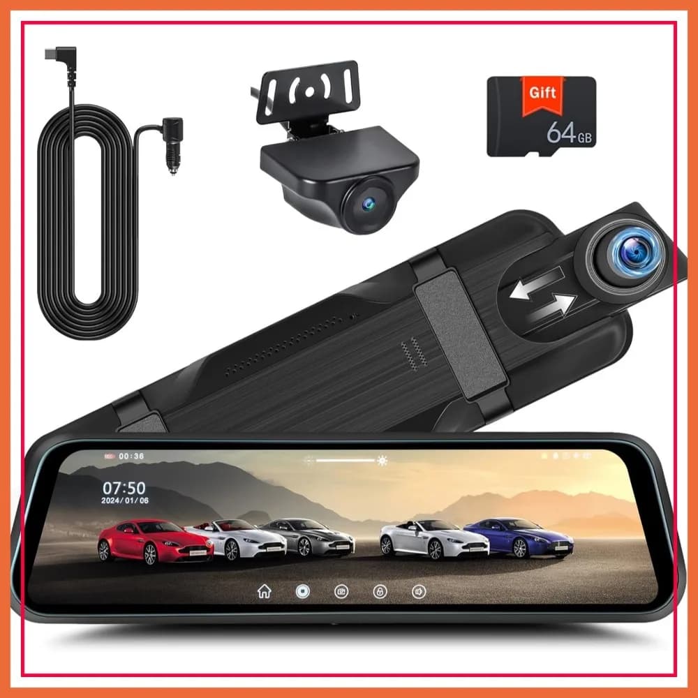 Specchietto Retrovisore con Schermo Touch da 9,66 Pollici, Dash Cam 1080P Anteriore e Posteriore, Scheda 64GB, Visione Notturna, Monitoraggio Parcheggio