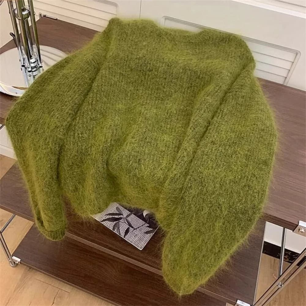 Moda donna semplice casual verde morbido tutto abbinato maglione lavorato a maglia femminile O collo manica lunga pullover allentato top maglioni dolci
