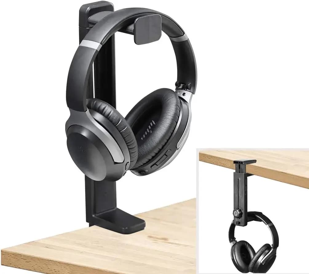 Supporto e Gancio per Cuffie 2-in-1 Regolabile con Morsetto Girevole, Clip per Cavi per Organizzazione Scrivania