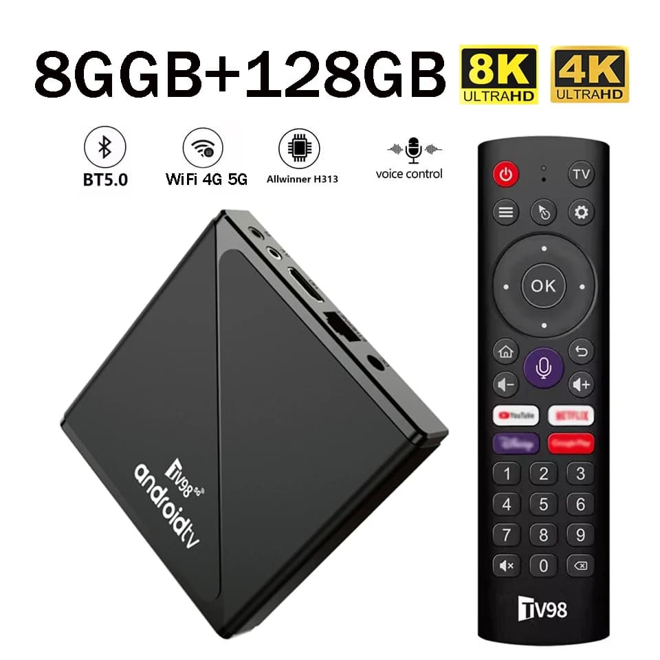 TV98 ATV Pro Smart TV Box Android 14 Controllo vocale Allwinner H313 Wifi 4G 5G HDR10 BT 5.0 8GB 128GB HD 4K 8K Set-top Box iptv