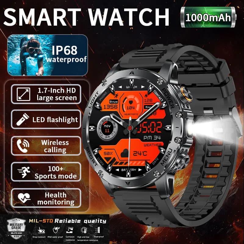 Orologio Sportivo da Esterno LIGE, Nuovo Smartwatch con Batteria da 1000mAh, Torcia LED, Chiamate Bluetooth, Monitoraggio Frequenza Cardiaca, Impermeabile