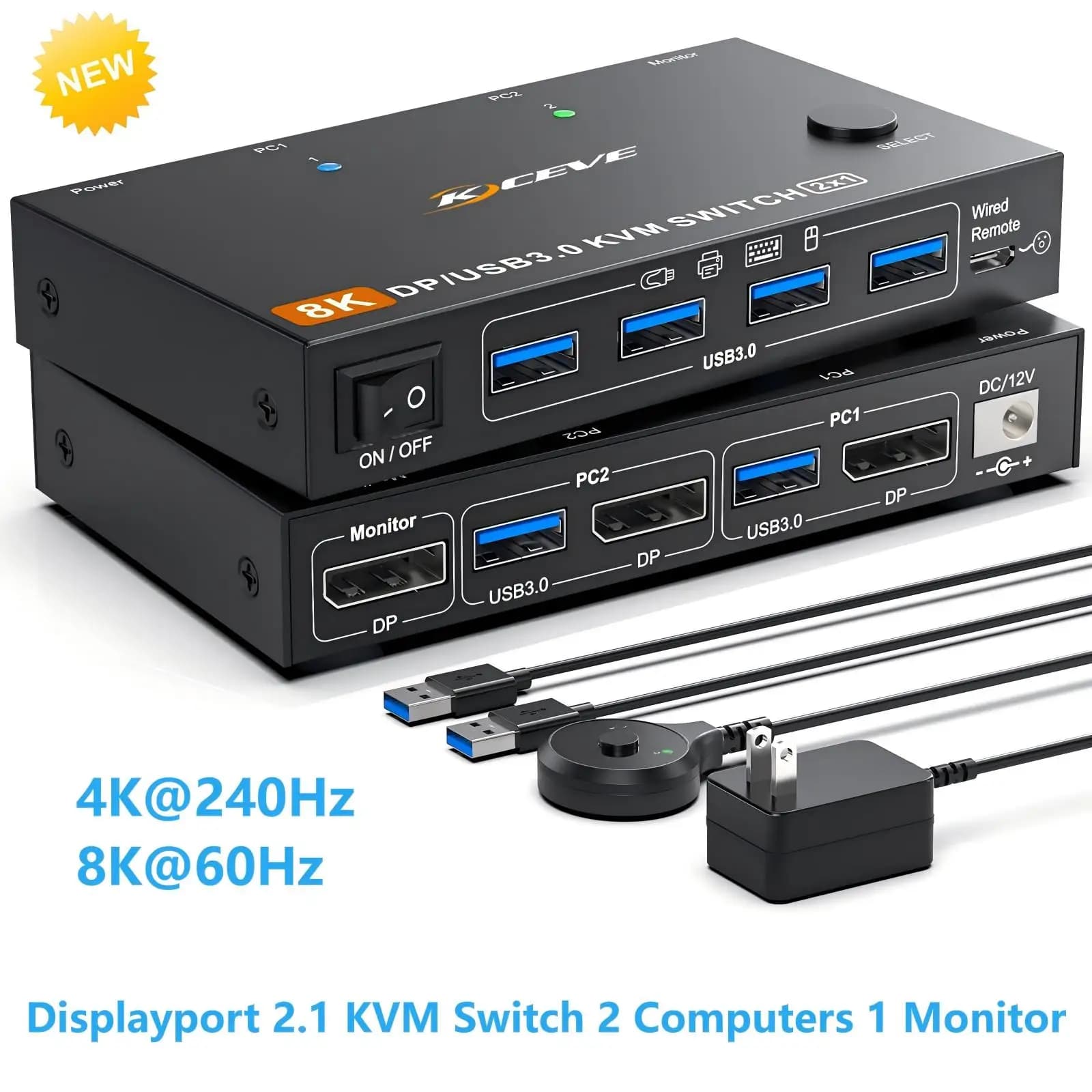 Switch KVM 2 Computer 1 monitor Displayport 4K@240Hz 8K@60Hz, Switch KVM USB 3.0 Displayport 2.1 per 2 PC Condividi 4 dispositivi USB3.0