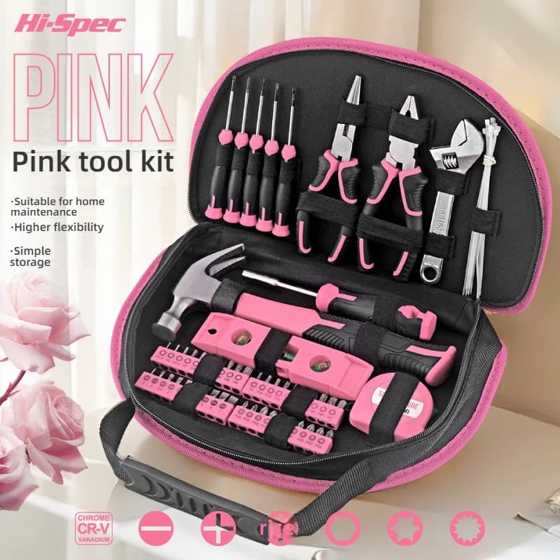 Set di Attrezzi Rosa da 63 Pezzi per Donne | Chiavi, Cacciaviti e Attrezzi per Riparazioni Domestiche | Custodia portatile, impugnatura antiscivolo