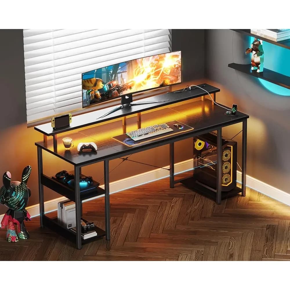 Scrivania per computer da 63 pollici con presa di corrente e luci LED, scrivania da gioco con supporto per monitor e vano portaoggetti, scrivania per ufficio domestico