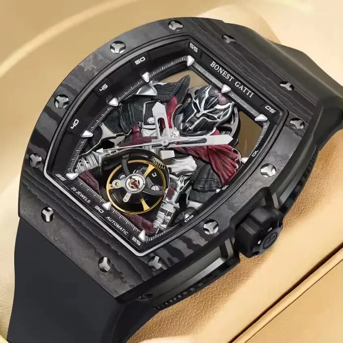BONEST GATTI Men Automatic Watch 42*54mm Tonneau Carbon Fiber Mechanical Wristwatch Lume Spartan Warrior Dial Sapphire Mirror
