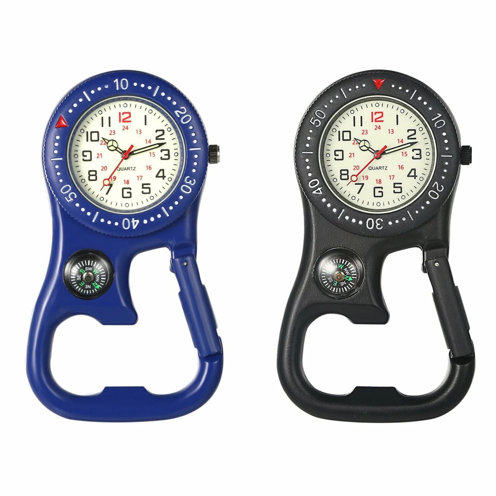 Black/Blue Men Women Compass Corkscrew Carabiner Clip Watch Luminous Outdoors Pocket Watch Backpack Buckle