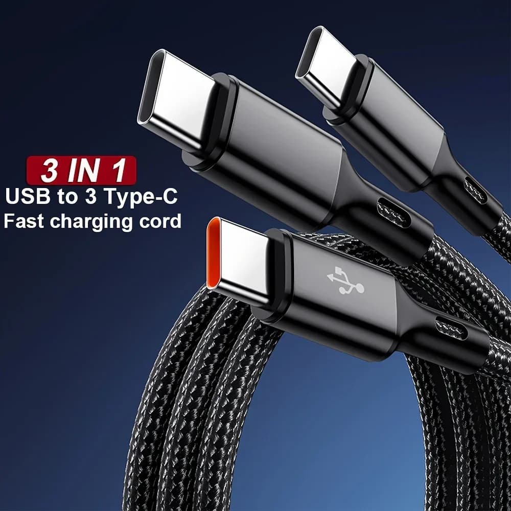 Cavo di ricarica rapido da USB-A a 3 × tipo C da 100 W 6A 3 in 1 per Samsung Galacy S24 Xiaomi Redmi Huawei Cavo di ricarica USB C multiporta
