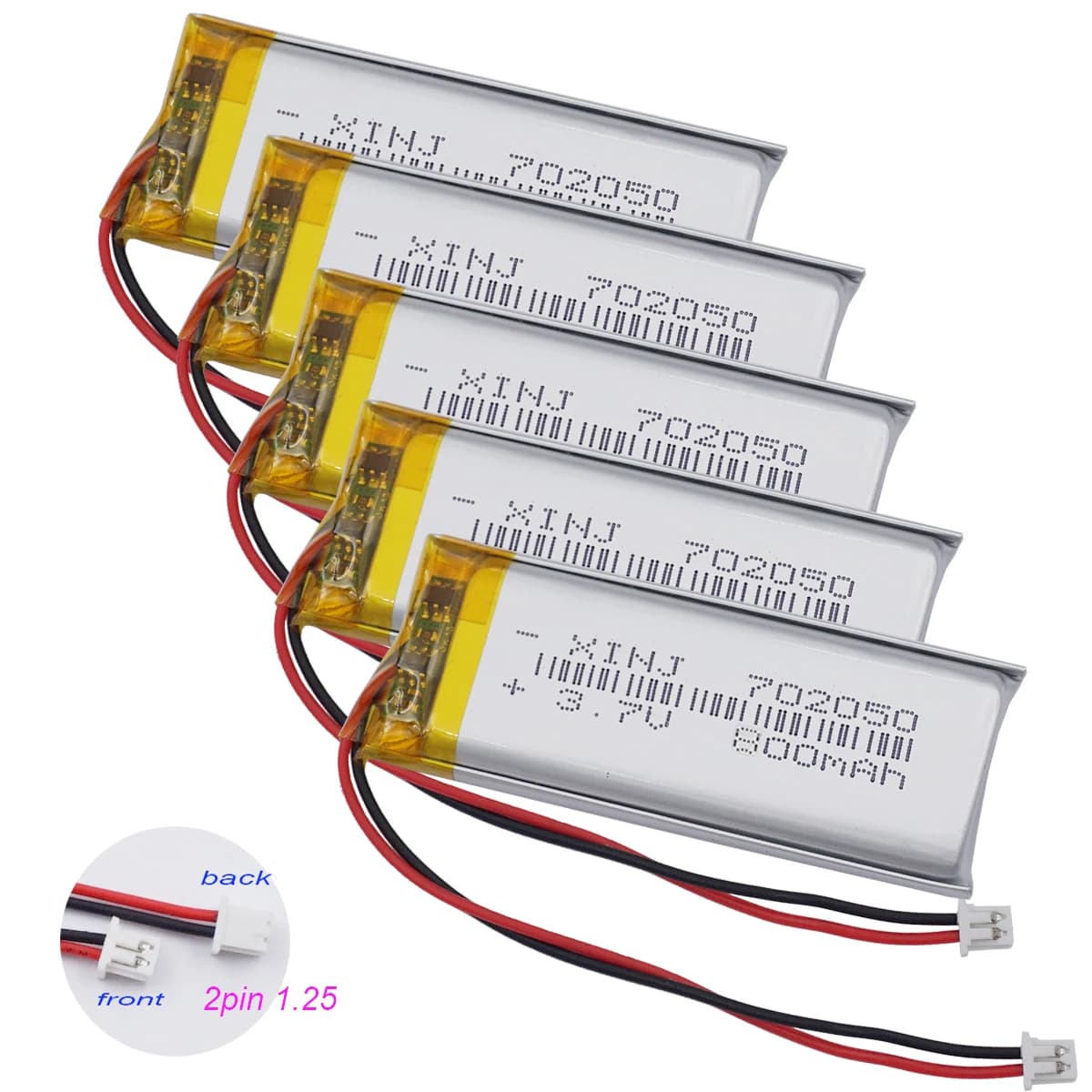 Batteria ricaricabile Li da 5 pezzi 3,7 V 800 mAh 2,96 Wh 702050 Connettore Lipo Li-ion JST 2 pin 1,25 mm per penna GPS Altoparlante Bluetooth LED