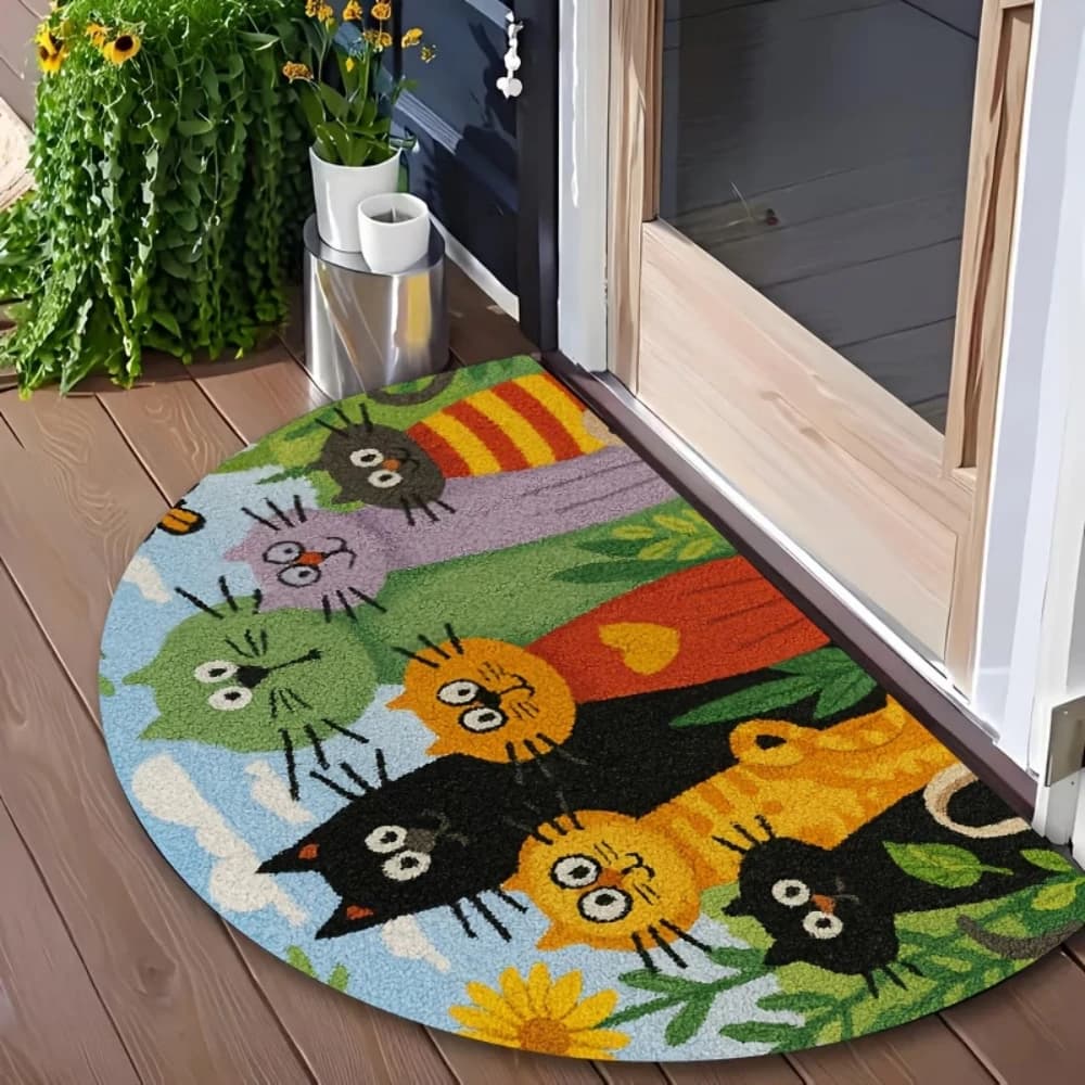 Cartoon Striped Cat Floral Semi Circle Doormat Non Slip Floor Mat for Front Door Entry Kids Cute Pet Home Decor