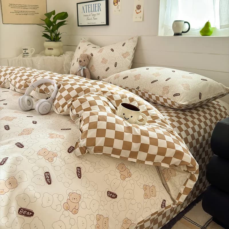Set biancheria da letto color griglia stampata orso beige Set copripiumino per cani carino Federa morbida e confortevole lenzuolo per camera da letto 200x230 cm 4 pezzi