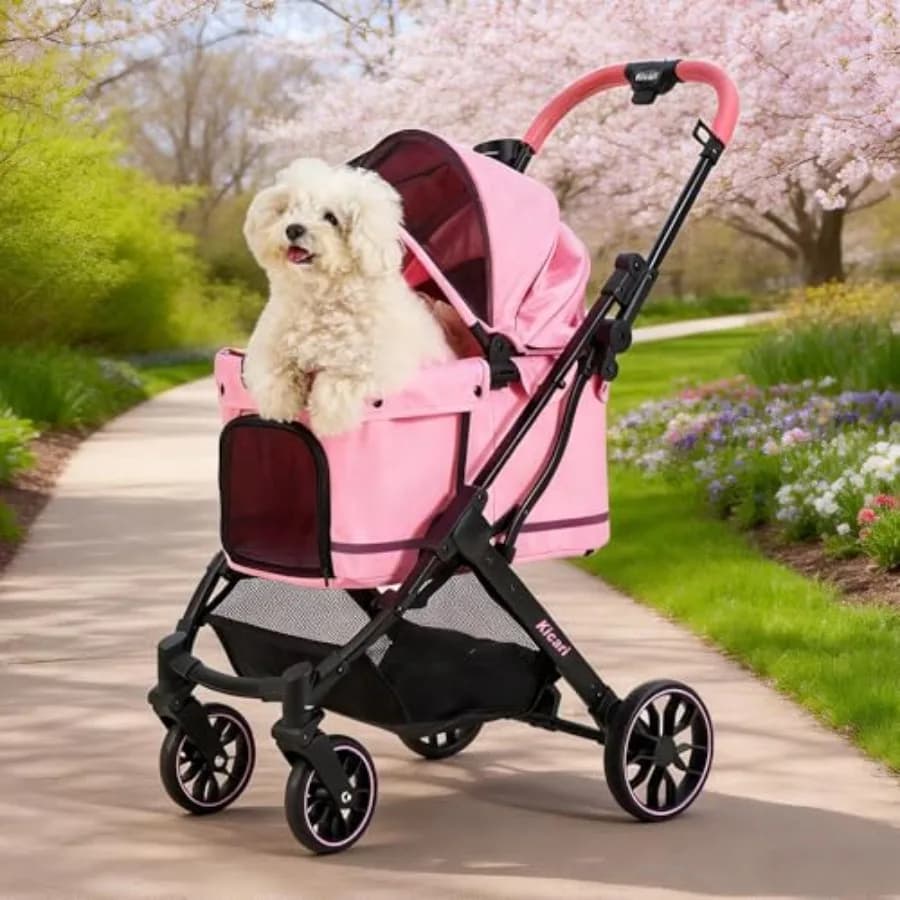 Passeggino per Cani di Piccola e Media Taglia, Adatto a Tutti i Terreni, in Poliestere e Alluminio, Nero, Pieghevole con Una Mano, Doppio Strato Anti-UV Impermeabile