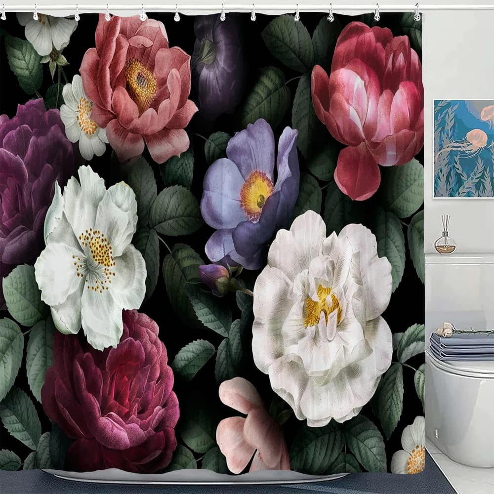 1 tenda da doccia impermeabile con fiori ad acquerello, elegante tenda decorativa per il bagno con fiori e rose, con ganci