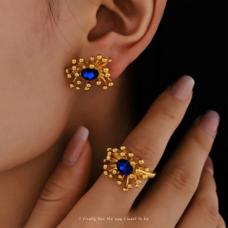 Set di anelli/orecchini in acciaio inossidabile con stame di fiori di lusso leggero con gioielli regalo non allergenici impermeabili placcati in oro 18 carati con zirconi