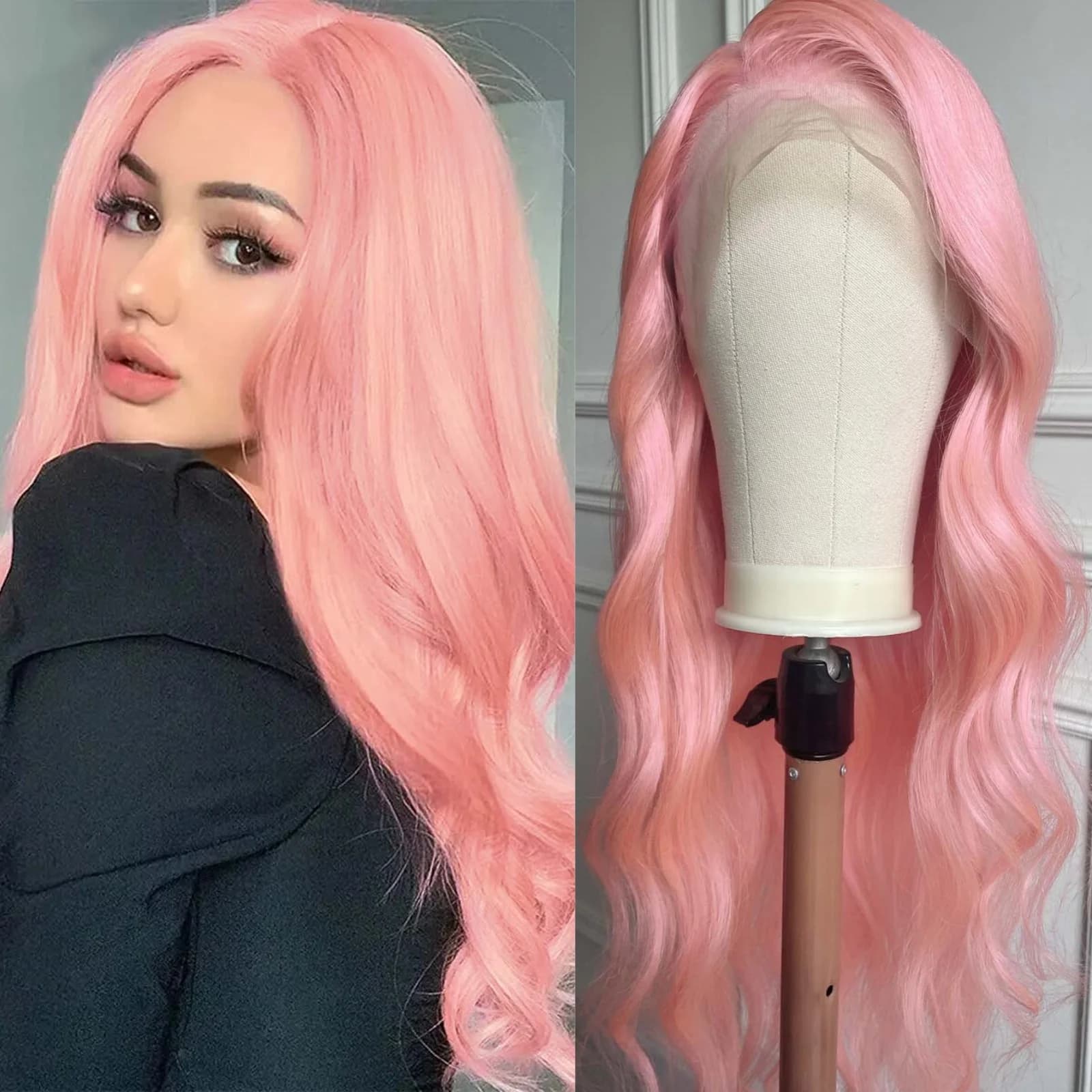 Light Pink Wig Long Wavy Synthetic Lace Front Wig Glueless Natural Body Wave Pink Colored Hair Lace Frontal Wigs for Women Party