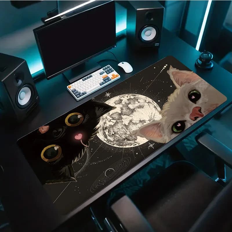 Tappetino per mouse da gaming grande con poggiapolsi per tastiera, motivo gatto carino, base in gomma antiscivolo, tappetino da scrivania esteso per computer, ufficio, casa