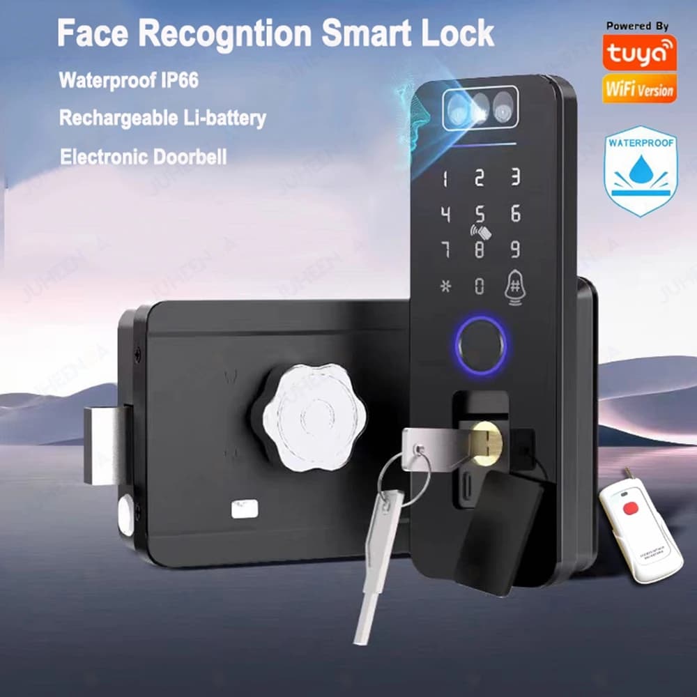 Riconoscimento facciale 3D ricaricabile Tuya Wifi Smart Lock impermeabile Passcode digitale Impronta digitale Cancello esterno Blocco elettrico per cerchioni