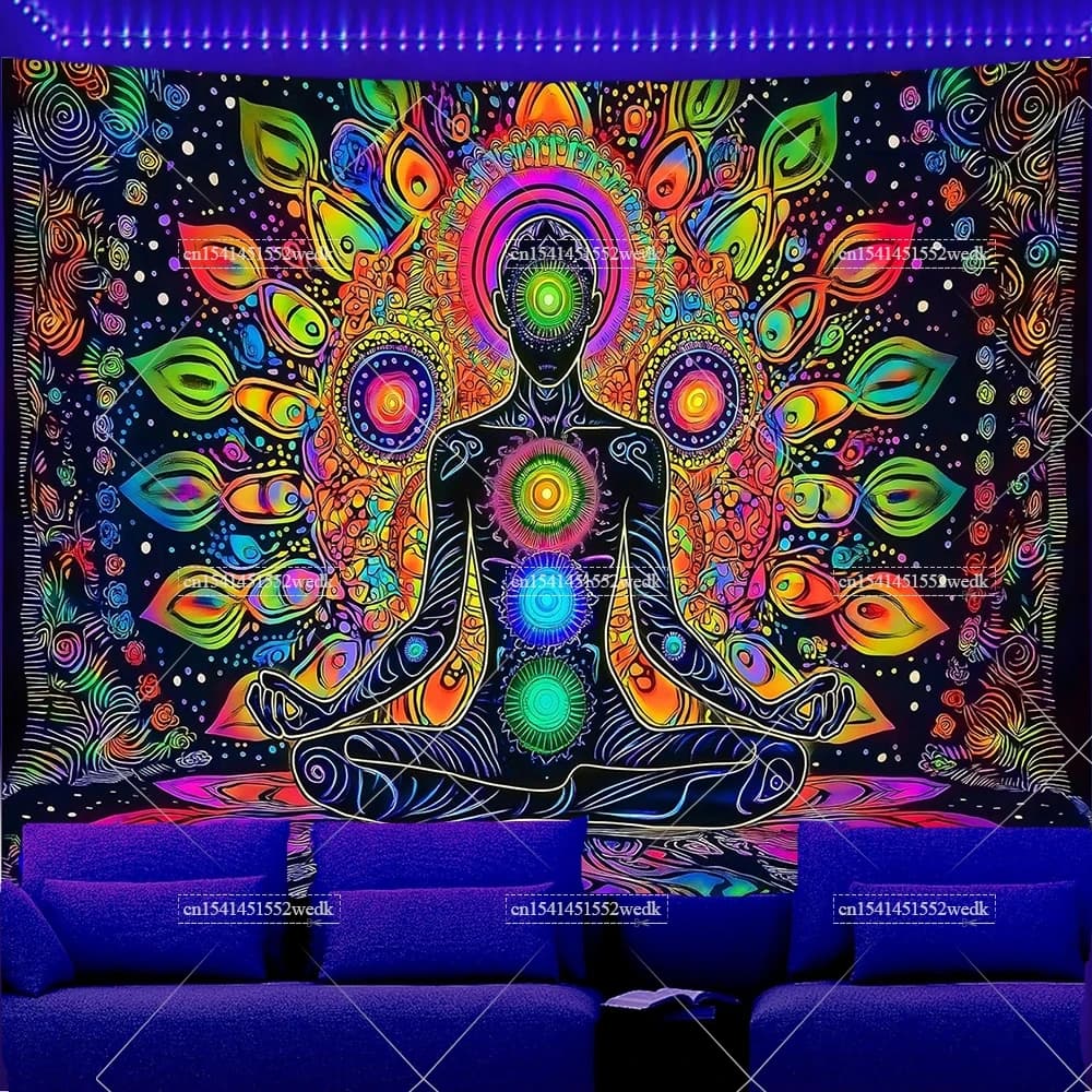 Blacklight Tapestry Seven Chakra Yoga Meditation Tapestry UV Reactive Black Light Poster Lotus Spiritual Wall Hanging For Room