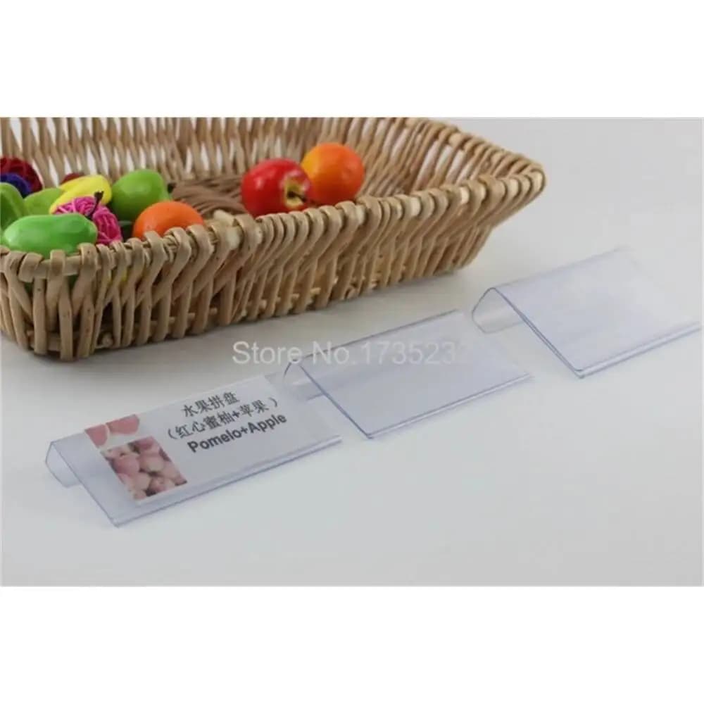 Porta biglietti da visita per cestini da 100 pezzi Supporti in plastica trasparente per etichette per prezzi al dettaglio in filo metallico Cartello per merce con clip su scaffale