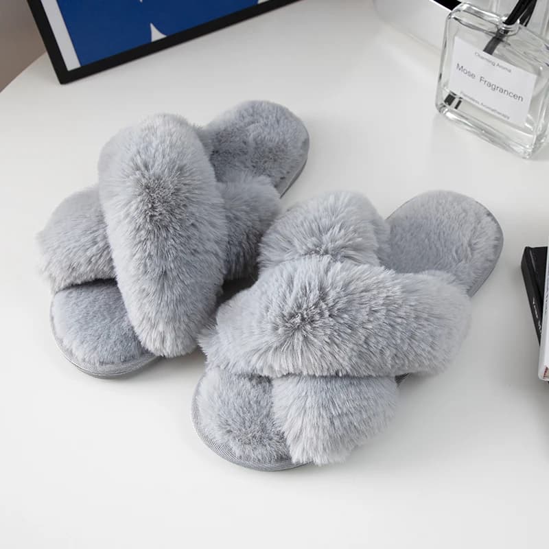 Feslishoet Pantofole pelose da donna Fascia incrociata Morbida peluche Scarpe da casa accoglienti Punta aperta pelosa per interni ed esterni Suola antiscivolo calda